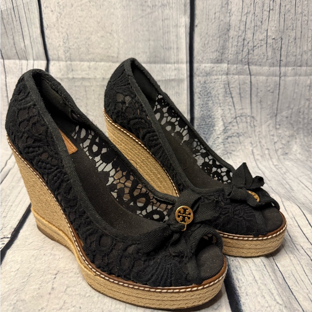 Tory Burch Black and Tan Wedge Heels with Lace Overlay